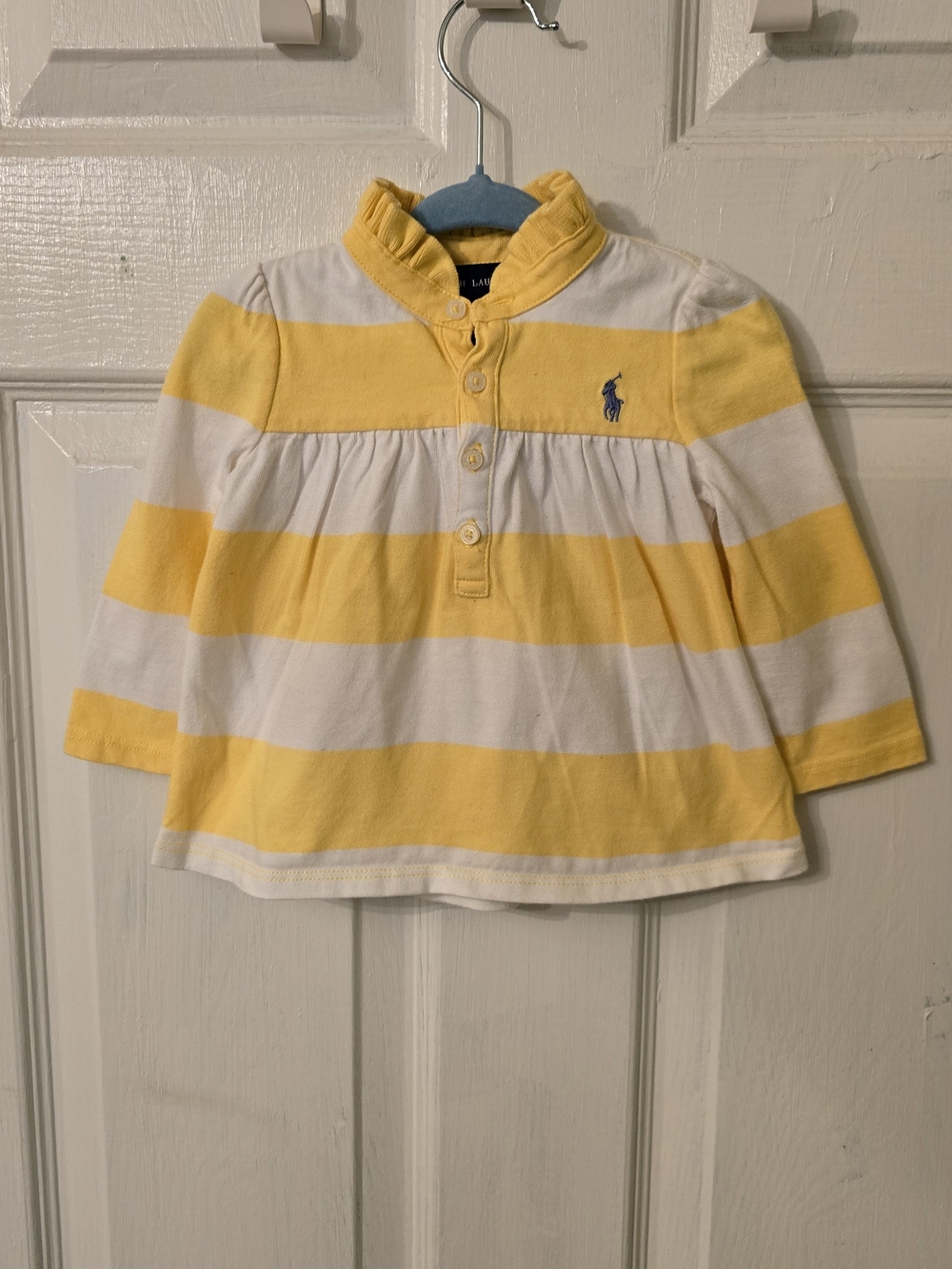 Ralph Lauren Yellow & White Striped Long-Sleeve Polo with Ruffle Neck